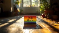 Rainbow colored pride month card standing on wooden surface in warm sunlight with window and plants in background creating atmospheric shadows.