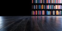 Dark wooden floor reflecting colorful book spines on library shelves, creating dramatic perspective with moody lighting and empty space for design elements.