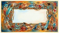 Ornate decorative frame with Celtic knot patterns, feathers, and tribal motifs in blue, orange, and gold tones. Isolated on white background, ready for design projects, invitations, and custom artwork applications.