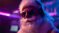 Cool Santa Claus with sunglasses and headphones in neon purple and blue cyberpunk lighting for modern Christmas marketing and holiday party promotions.