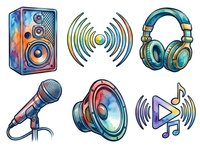 Colorful audio equipment collection featuring speaker, wireless signals, headphones, microphone, megaphone and musical notes isolated on white background for music production design projects.