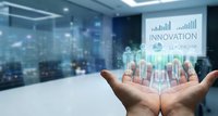 Business professional displaying holographic data analytics and growth charts in modern corporate boardroom with innovation leadership presentation.