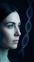 Young Caucasian woman scientist with blue eyes gazing at glowing DNA double helix structure representing genetic research and biotechnology innovation.