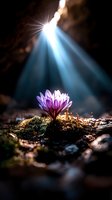 Purple crocus flower blooming in moss under dramatic sunbeams streaming through cave opening, creating magical natural lighting and mystical atmosphere.