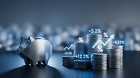 Piggy bank with stacked coins and financial growth charts showing percentage increases and upward trends for investment, savings, and business analytics.