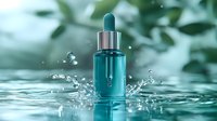 Turquoise serum dropper bottle with water splash effect against blurred green nature background, cosmetic product photography for skincare advertising.
