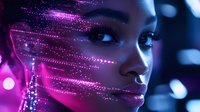 Young African American woman's face with glowing pink digital particles effect, side profile against dark background with bokeh lights and magical sparkle trail.