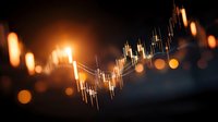 Financial market growth chart with golden candlestick patterns and bokeh lights showing upward trend for investment analysis and trading strategies.