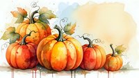 Watercolor autumn pumpkins with green leaves on white background. Harvest season decoration for fall festivals, thanksgiving cards and seasonal designs.