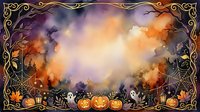 Halloween autumn frame with carved pumpkins, ghosts and spooky trees in watercolor style with ornate golden border for seasonal greeting cards.
