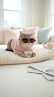Adorable cat wearing sunglasses and pink sweater sitting on bed with teacup in cozy bedroom interior for lifestyle and pet fashion concepts.