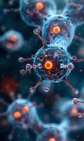 Microscopic virus cells with glowing orange cores and spike proteins floating in blue cellular environment for medical research and healthcare education.