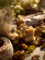 Natural handmade soap bars with honeycomb texture on mossy forest ground with warm sunlight filtering through trees creating organic skincare atmosphere.