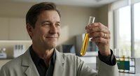 Confident middle-aged Caucasian male scientist in lab coat examining yellow liquid in test tube, smiling in modern laboratory setting.