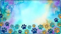 Watercolor background with colorful paw prints border in blue, purple, yellow and orange tones, isolated on white. Suitable for pet-related designs, greeting cards and animal-themed projects.