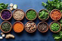 Fresh organic ingredients in wooden bowls on dark blue background, including legumes, herbs, mushrooms, seeds and vegetables arranged in rows for healthy cooking.