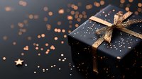 Black gift box with golden glitter bow and scattered stars on dark background with bokeh lights creates luxurious festive atmosphere for special occasions and holidays.