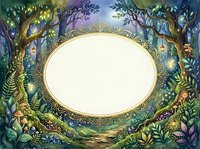 Watercolor enchanted forest frame with glowing lanterns, mushrooms, and fairy lights surrounding an oval golden border with white copy space.