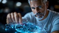 Mature bearded man in white t-shirt interacting with glowing blue holographic interface, digital transformation concept showing future technology advancement.
