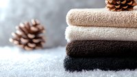 Folded soft towels in neutral colors with pine cones on blurred winter background. Stack of fresh cotton bathroom textiles in beige, white and black shades.