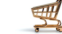 Golden shopping cart isolated on white background, minimalist retail and commerce symbol with metallic finish and reflection effect for business concepts.