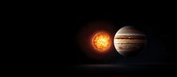 Sun and Jupiter in space panorama showing detailed surface features, atmospheric storms, and glowing solar energy against dark cosmic background.