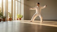 Man in white athletic wear practicing martial arts or tai chi in bright sunlit studio with potted plants, demonstrating balance and strength training.