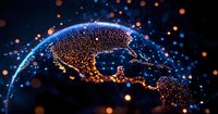 Digital visualization of North America continent with glowing orange and blue light particles forming geographic outline against dark background. Global network concept.