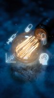 Glowing incandescent bulb surrounded by neon icons representing innovation, medicine, and growth chart on blue digital background for healthcare and pharmaceutical concepts.