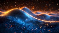Abstract glowing waves with orange and blue light particles floating in dark space, magical sparkles and luminous energy streams creating dynamic motion effect.