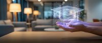 Hand holding futuristic holographic display with glowing purple light effects in modern living room interior showcasing advanced technology concepts.