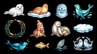 Seal pup with large eyes and whiskers on ice floe, brown seal resting on white ice, blue-faced seal with gentle expression, teal whale diving through water, olive wreath, brown seal wearing red scarf, gray seal pair cuddling, white cloud shape, narwhal swimming, small gold fish, whale tail emerging from waves, two gray whales facing each other. All elements isolated on transparent background, ready for t-shirt design, clipart, stickers, sublimation, and print-on-demand products.