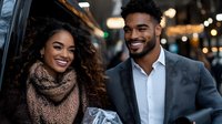 Happy young African American couple smiling together in urban evening setting with warm bokeh lights creating romantic atmosphere for lifestyle content.