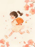 Cheerful Asian schoolgirl with orange backpack running among falling cherry blossoms, wearing uniform dress. Soft pastel illustration in kawaii anime style.