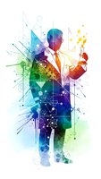 Colorful watercolor silhouette of businessman with scientific formulas and geometric elements representing innovation and research in modern business.