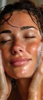 Close-up of young woman with wet skin and closed eyes enjoying shower or facial cleansing routine, water droplets visible on glowing skin.