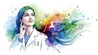 Female scientist in lab coat with colorful DNA helix and molecular structures flowing from her mind representing scientific innovation and research breakthroughs.