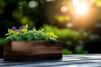Purple flowers and green plants in rustic wooden box planter on outdoor deck with soft sunlight and natural bokeh background creating garden atmosphere.