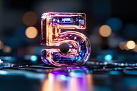 Glowing number five with vibrant neon pink and blue reflections against dark background with bokeh lights, creating futuristic atmosphere.
