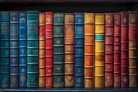 Vintage leather-bound books arranged on wooden shelf, showing colorful spines in blue, red, yellow and gold with ornate classical binding details and gilt lettering.