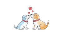 Two adorable cartoon puppies sitting together with floating hearts above them on white background. Perfect for pet love themed designs.