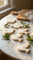 Homemade dove-shaped sugar cookies with white icing and decorative herbs on marble surface near window for peaceful baking and holiday celebrations.
