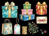 Watercolor Christmas gift set with boxes, bows, shopping bag, tag, twine, envelope, and botanicals, isolated on transparent background, ready for stickers, T-shirts, and print on demand.