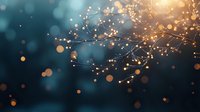 Delicate golden branches with glowing lights against dark blue bokeh background create magical atmosphere for festive designs and holiday decorations.