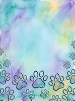 Watercolor gradient background with pastel turquoise, purple, and yellow hues featuring paw prints border design. Suitable for pet-related projects, greeting cards, and animal-themed graphics.