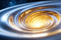 Luminous spiral galaxy formation with glowing golden center and blue outer rings swirling in cosmic space against starry background creates dramatic celestial view.