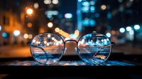 Eyeglasses on table with blurred city lights bokeh background at night creating optical clarity concept for vision correction and urban lifestyle.