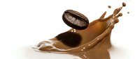 Coffee bean splashing into brown liquid creating dynamic splash effect on white background isolated for beverage and cafe design projects.