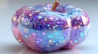 Crystal glass pumpkin with galaxy nebula colors purple pink blue glitter sparkles isolated on white background for autumn Halloween decoration design.