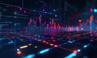 Financial data visualization with glowing pink and blue stock market charts and graphs on dark background showing market trends and analytics.